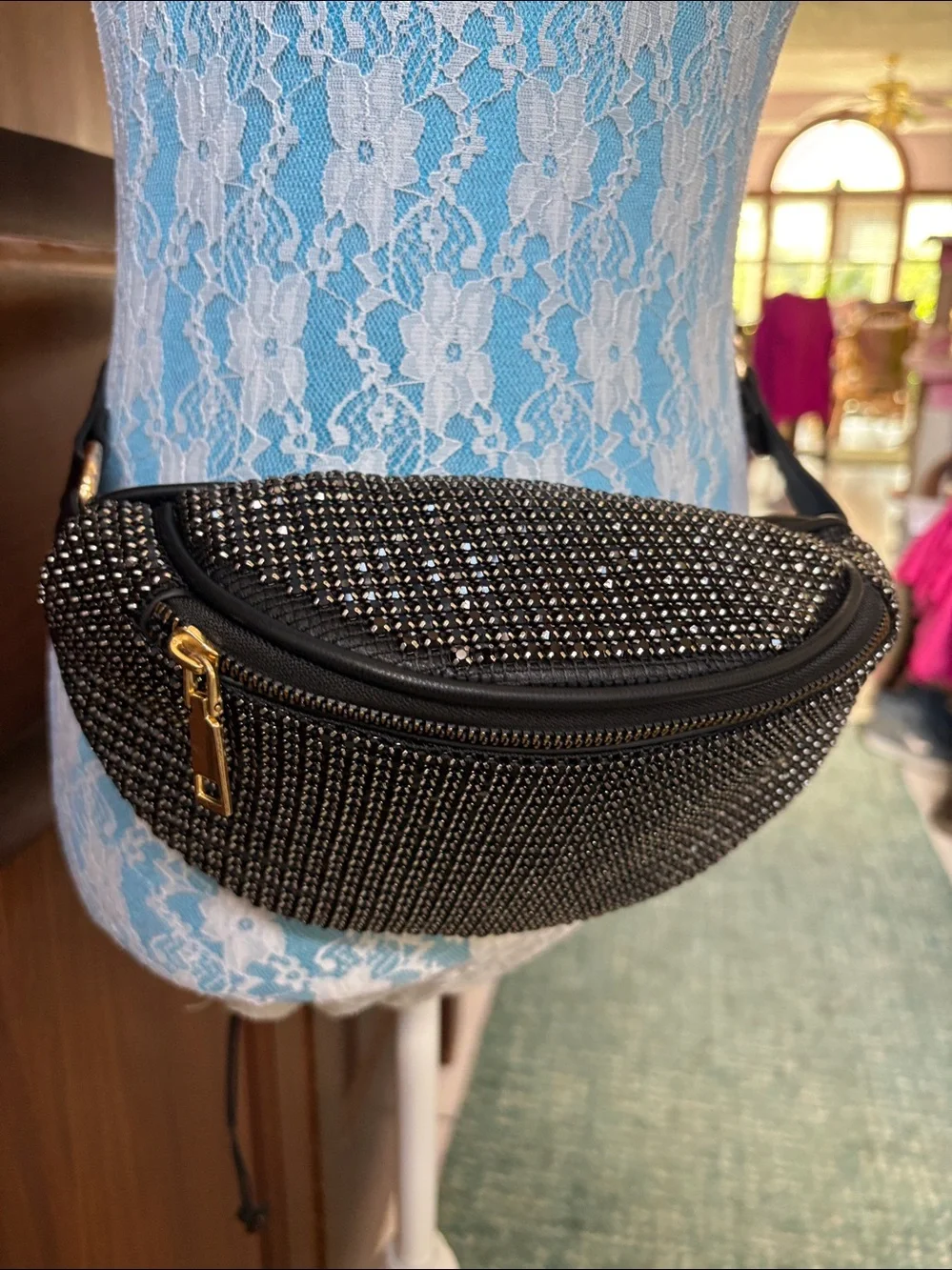 Belt bag Crystal Zip Bag black/gold crystals black trim heavy duty sparkly